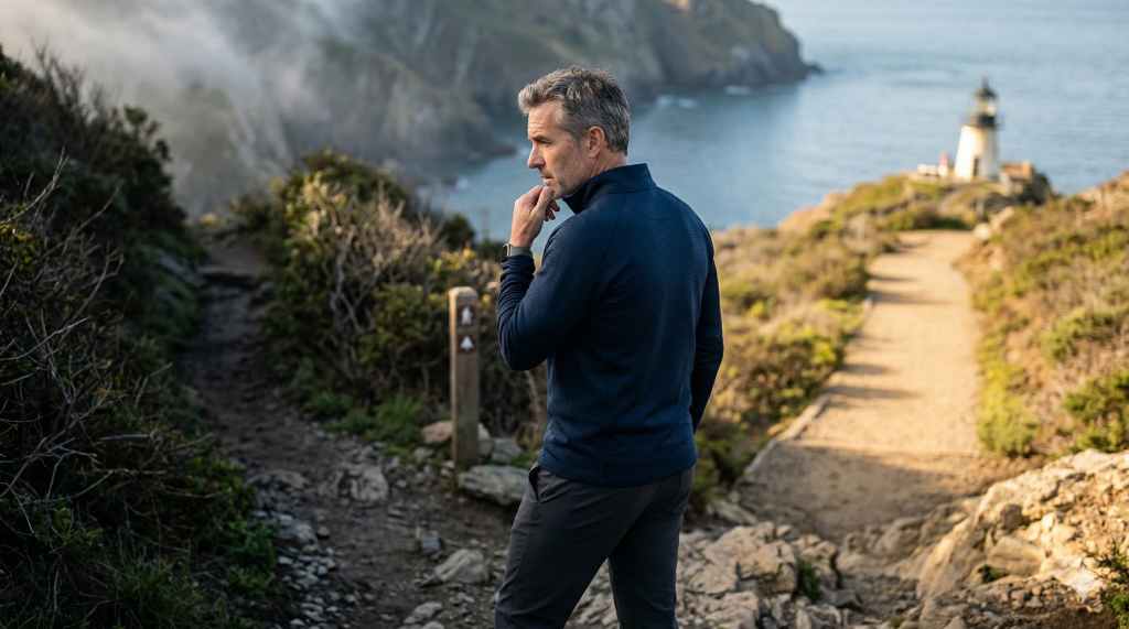 Man over 50 standing outdoors looking focused and healthy